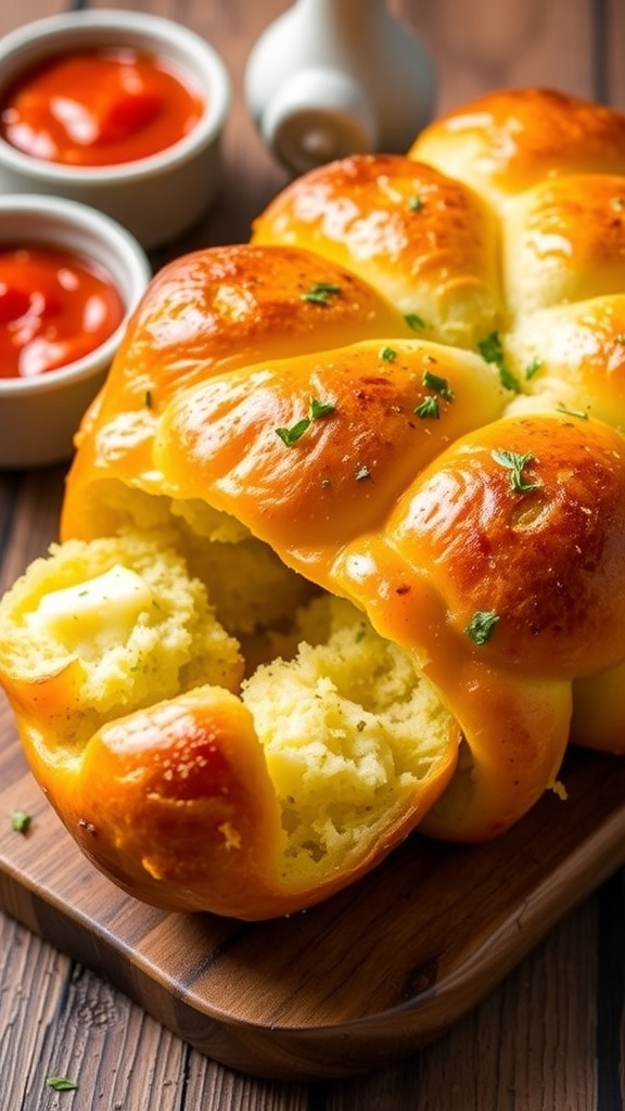 Golden garlic monkey bread on a wooden table with marinara sauce and garlic butter for dipping.